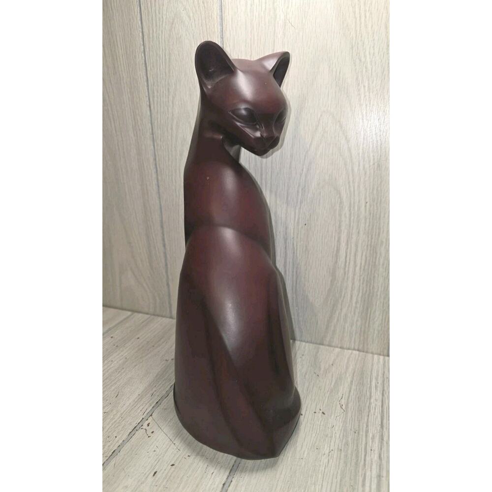 Vtg Iron Wood Sitting Cat Figurine Statue Dark Mahogany Color 14" Animal Forms